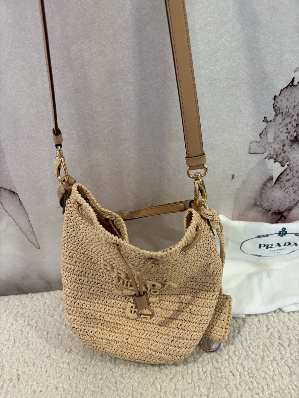 Prada Milano raffia and brown leather bucket tote with top handle and crossbody - Picture 9 of 9